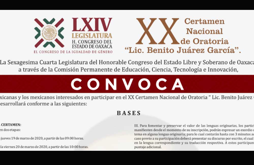 Convoca Congreso local al XX Certamen Nacional de Oratoria ‘Lic. Benito Juárez García’