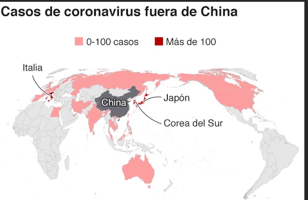 Muestra mapa el alcance global de la potencial pandemia de Coronavirus
