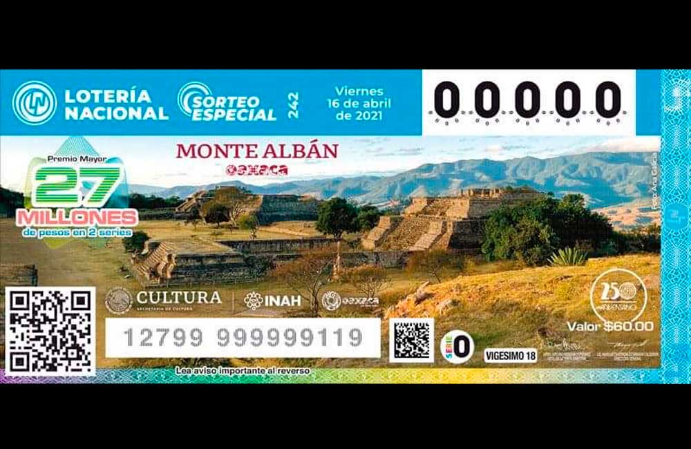 Monte Albán, zona arqueológica de Oaxaca plasmada en billete de la Lotería Nacional