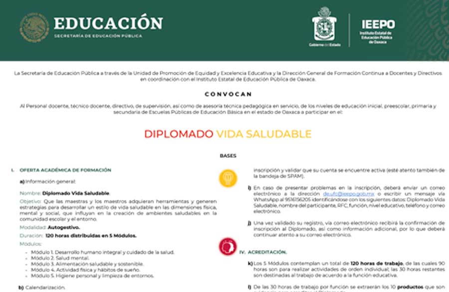 Invitan al Diplomado Vida Saludable para personal docente de Oaxaca