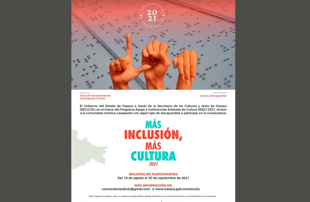 Emite Seculta convocatoria “Más inclusión, más cultura edición 2021”
