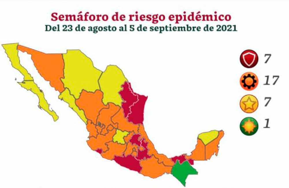 Semáforo epidemiológico: 1 estado en verde, 7 en rojo, 17 en naranja y 7 en amarillo