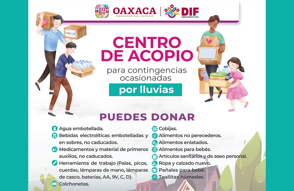 Habilita DIF Oaxaca centro de acopio en apoyo a personas afectadas por lluvias